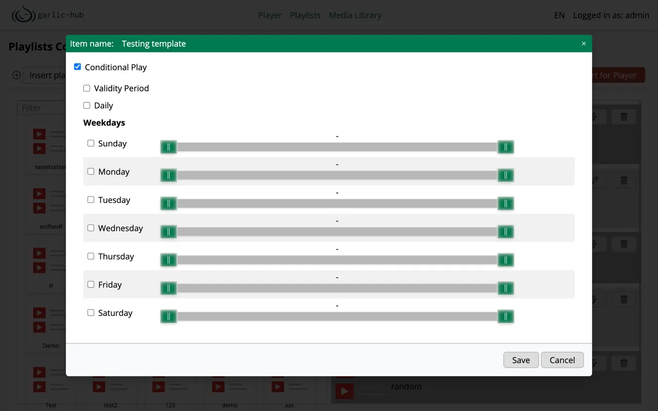 Conditional Play dialog with validity period, daily and weekday options