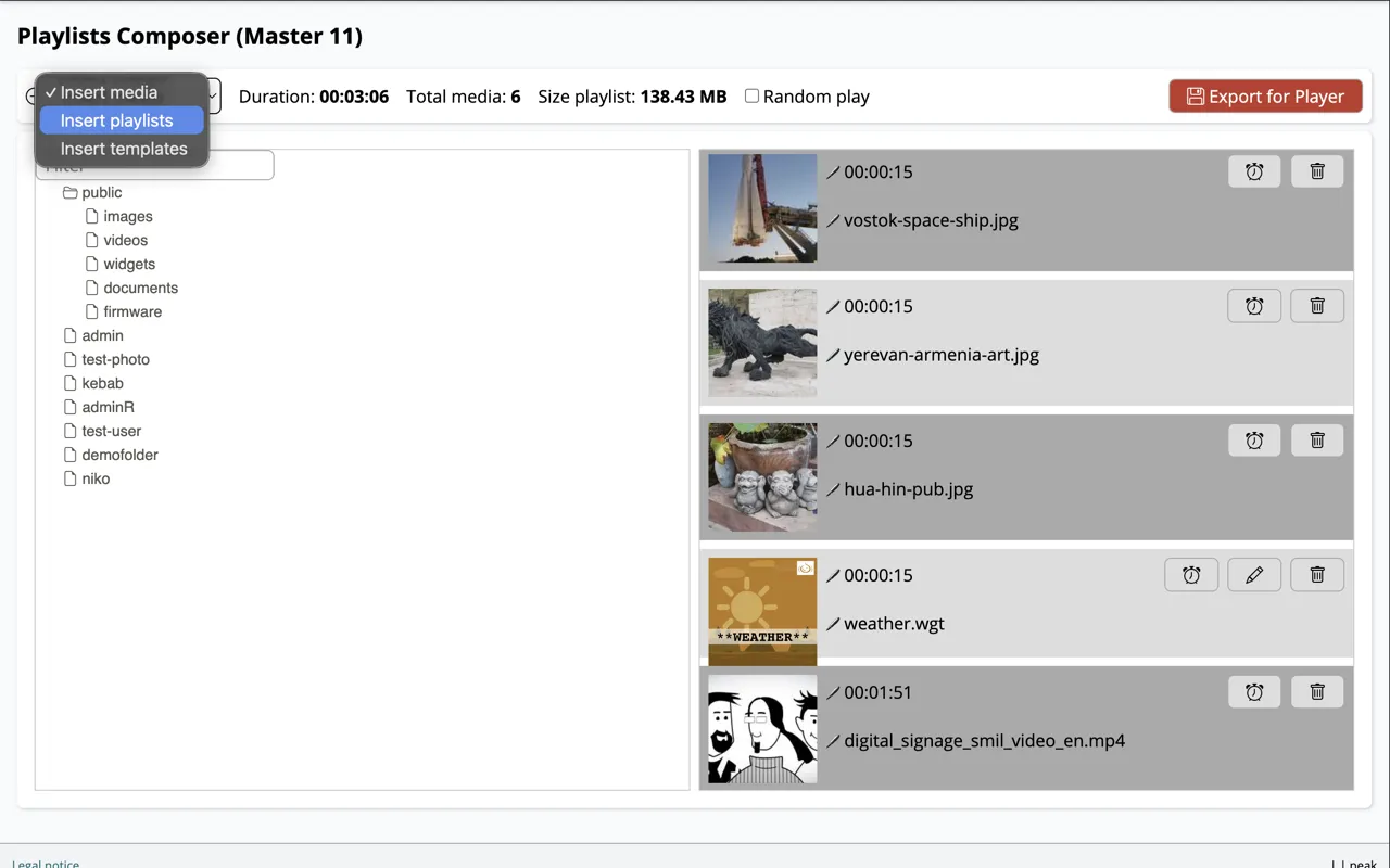 Insert menu with Insert media, Insert playlists and Insert templates