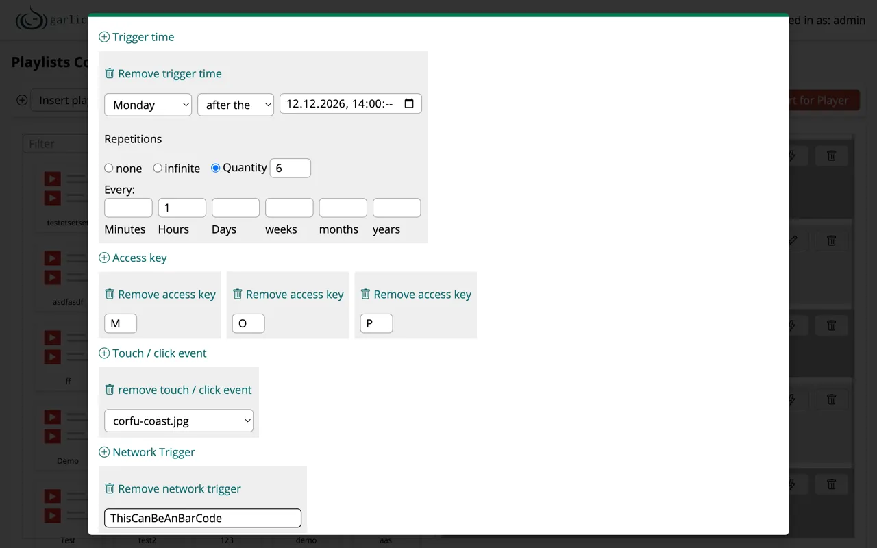 Trigger dialog with trigger time, access key, touch event and network trigger