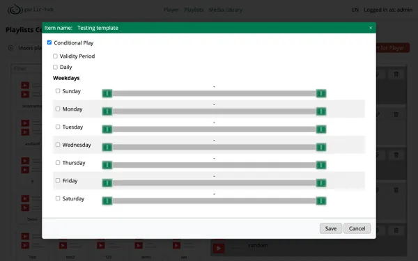 Conditional Play dialog with validity period, daily and weekday options