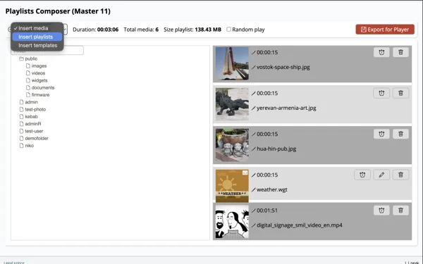 Insert menu with Insert media, Insert playlists and Insert templates