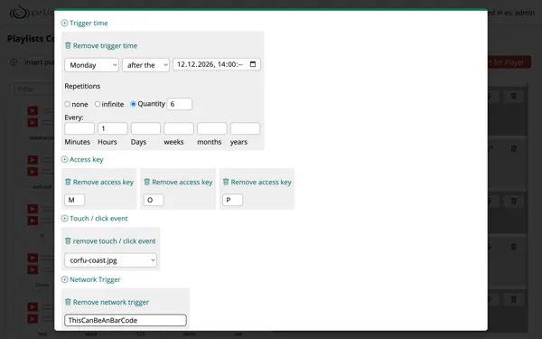 Trigger dialog with trigger time, access key, touch event and network trigger