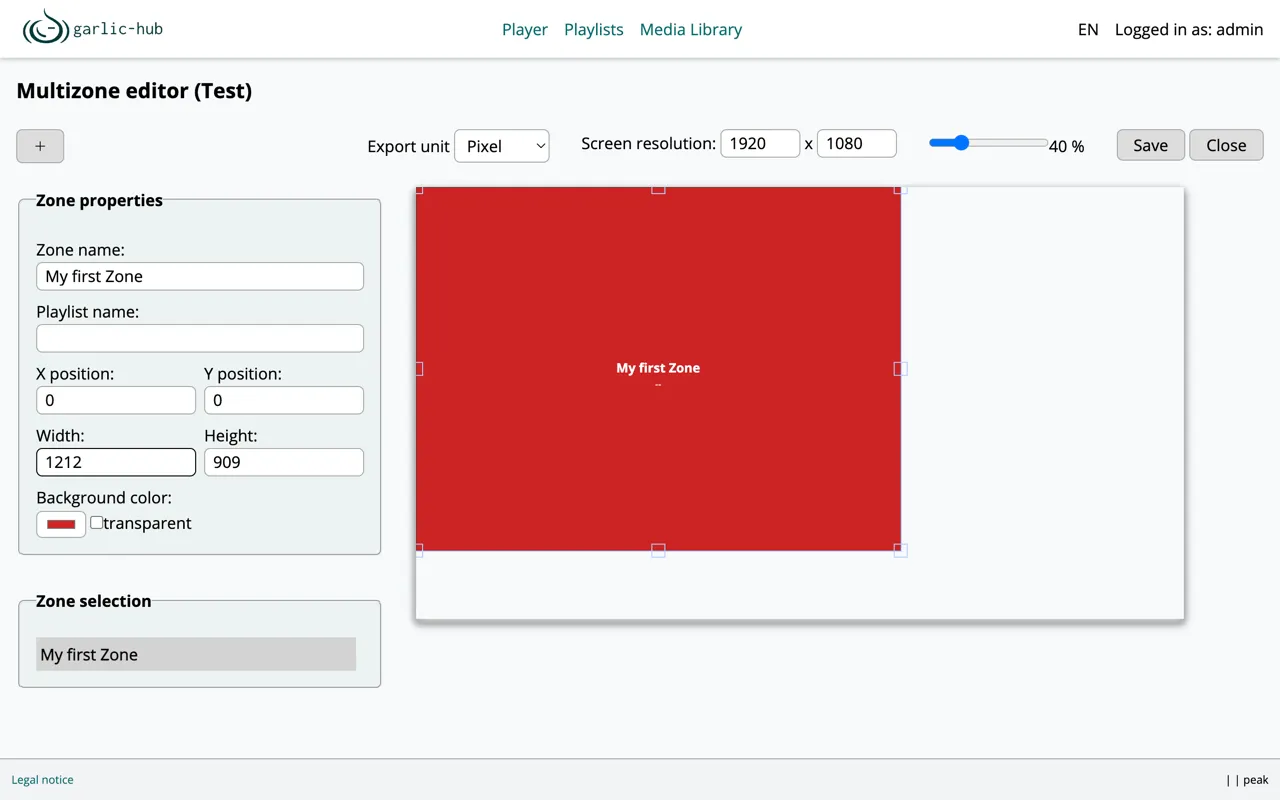 Zone properties panel with name, playlist, position, size and background color
