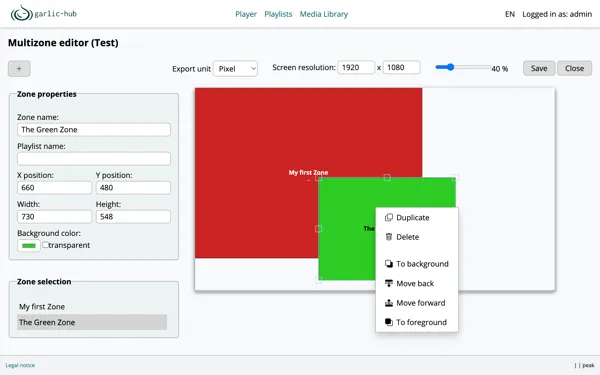 Right click context menu on a zone with duplicate, delete and stacking order options
