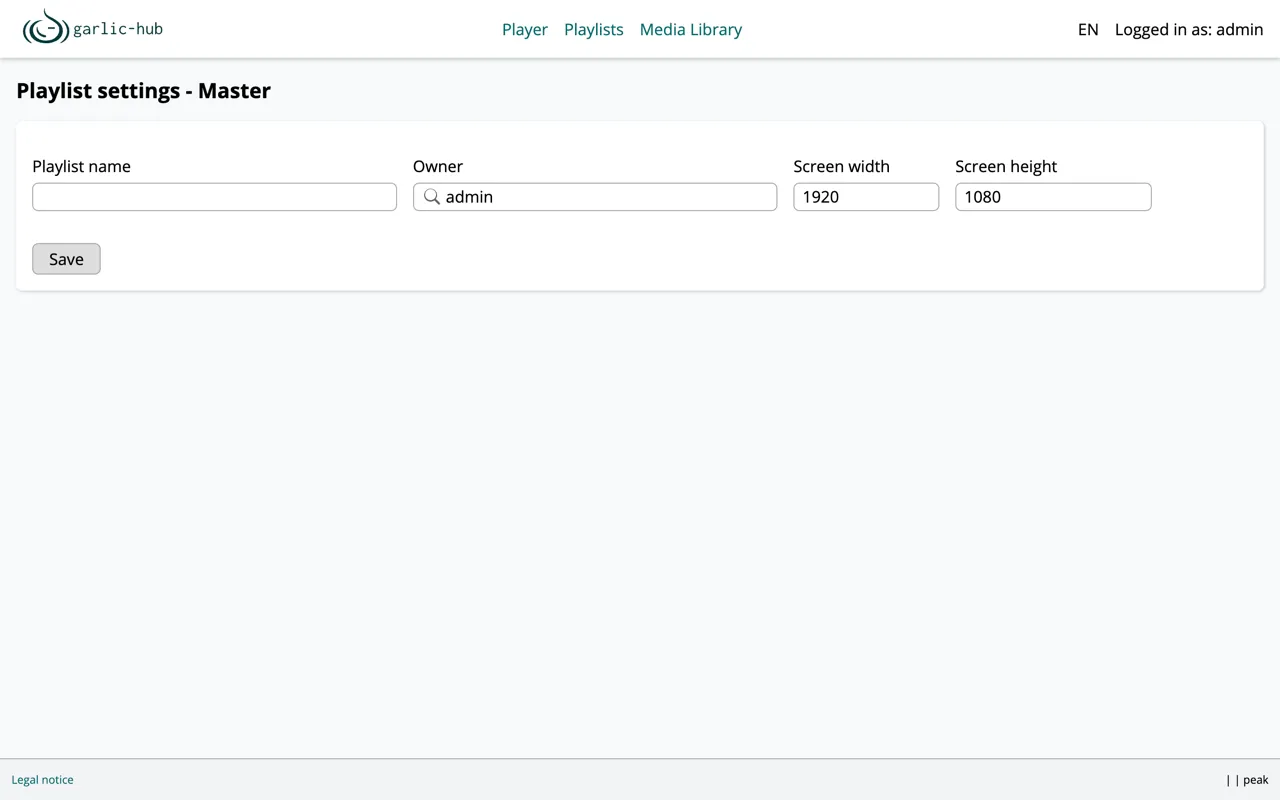 Master playlist settings with name, owner and screen resolution