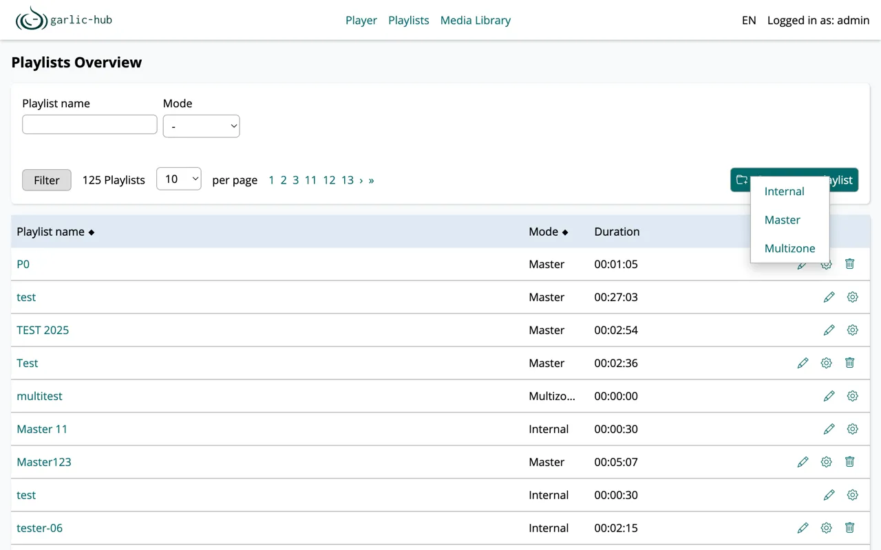 Create new playlist menu with Internal, Master and Multizone