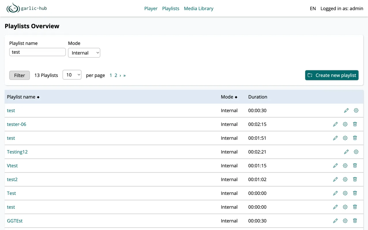 Playlists Overview filtered by name test and mode Internal