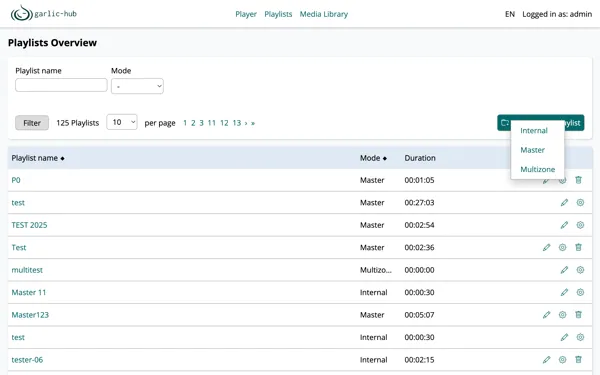 Create new playlist menu with Internal, Master and Multizone