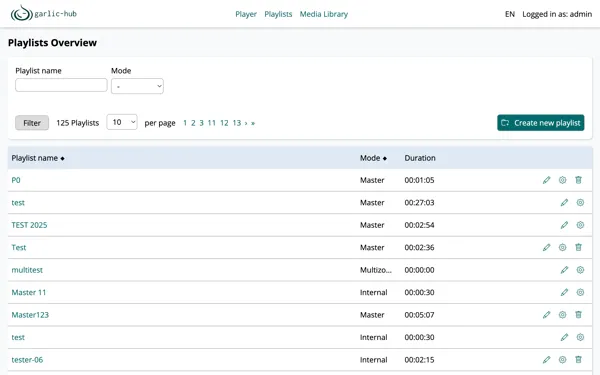 Playlists Overview with filter, list and action icons