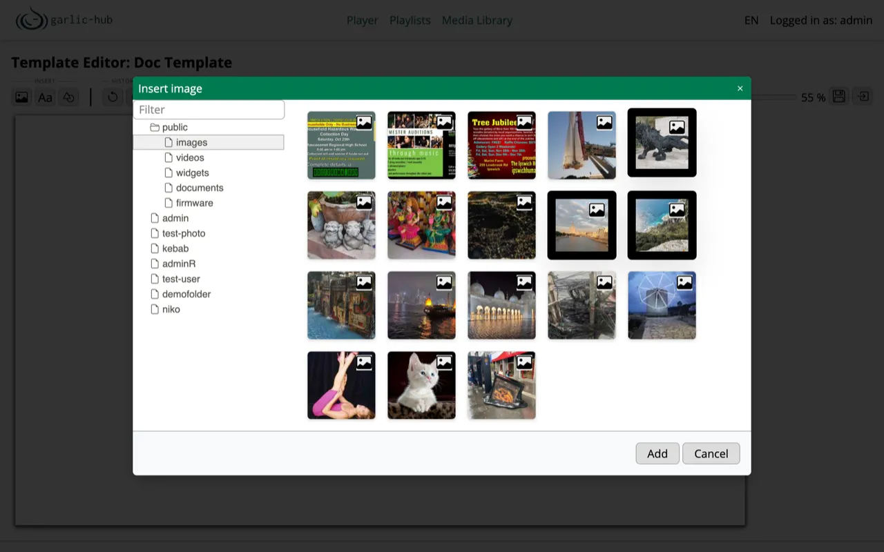 Insert image dialog with directory tree and image thumbnails