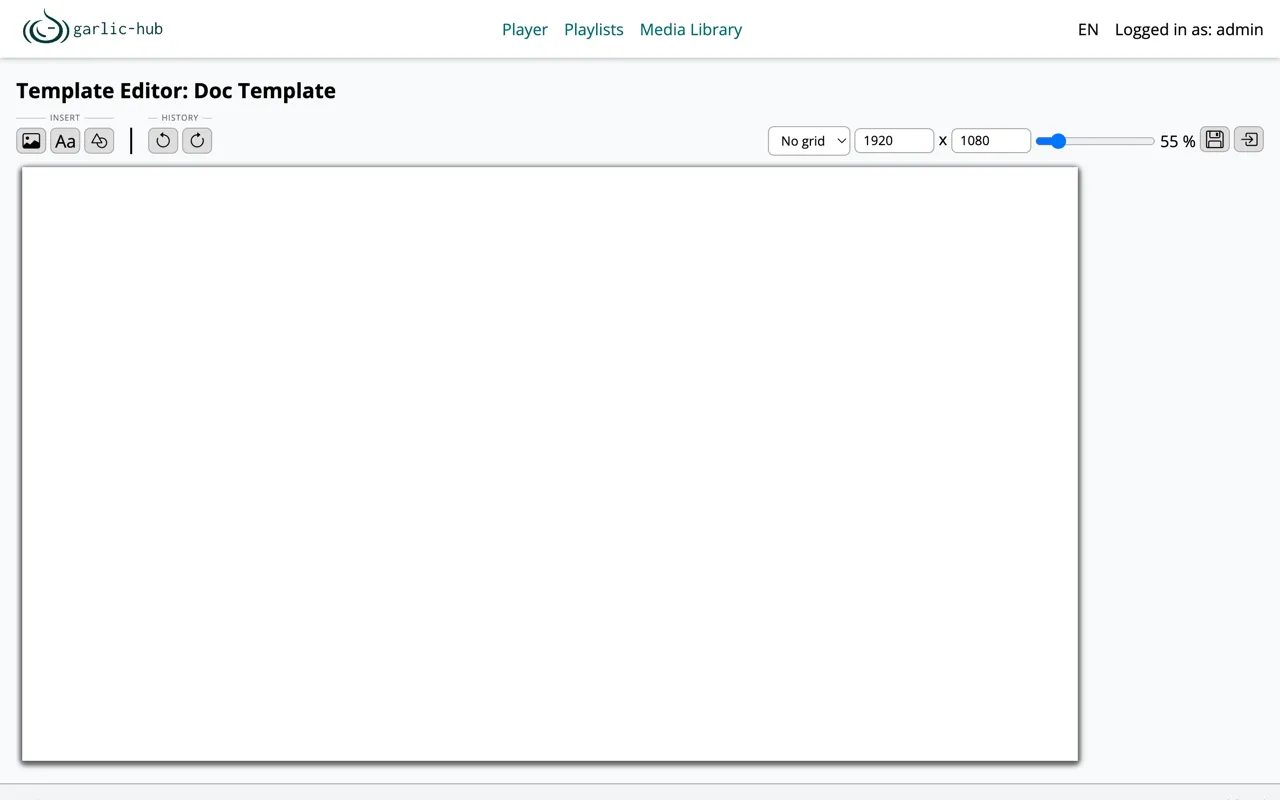 Empty template composer with toolbar and blank canvas