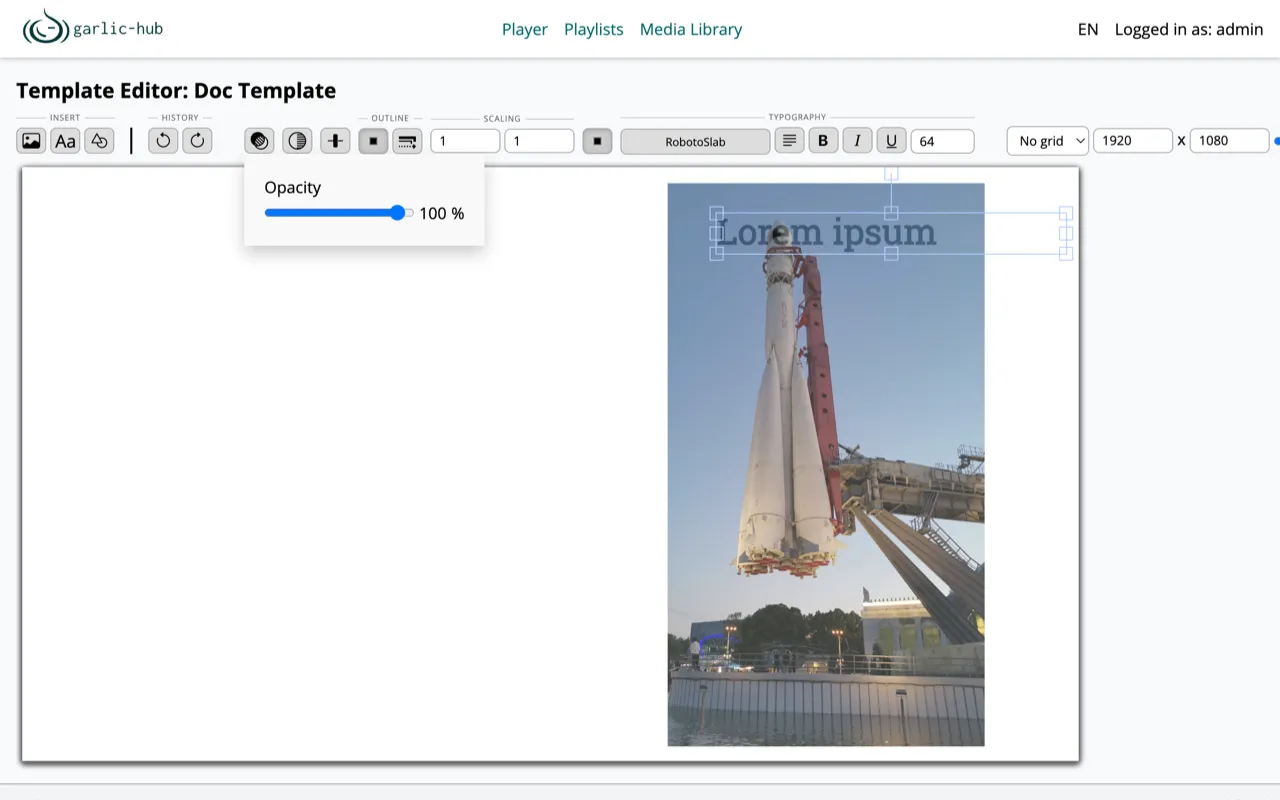Opacity slider above the canvas