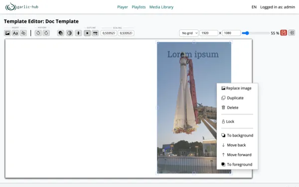 Context menu with replace image, duplicate, delete, lock, and layer entries