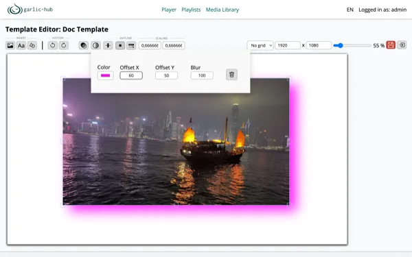 Image with a magenta drop shadow and the shadow settings popup