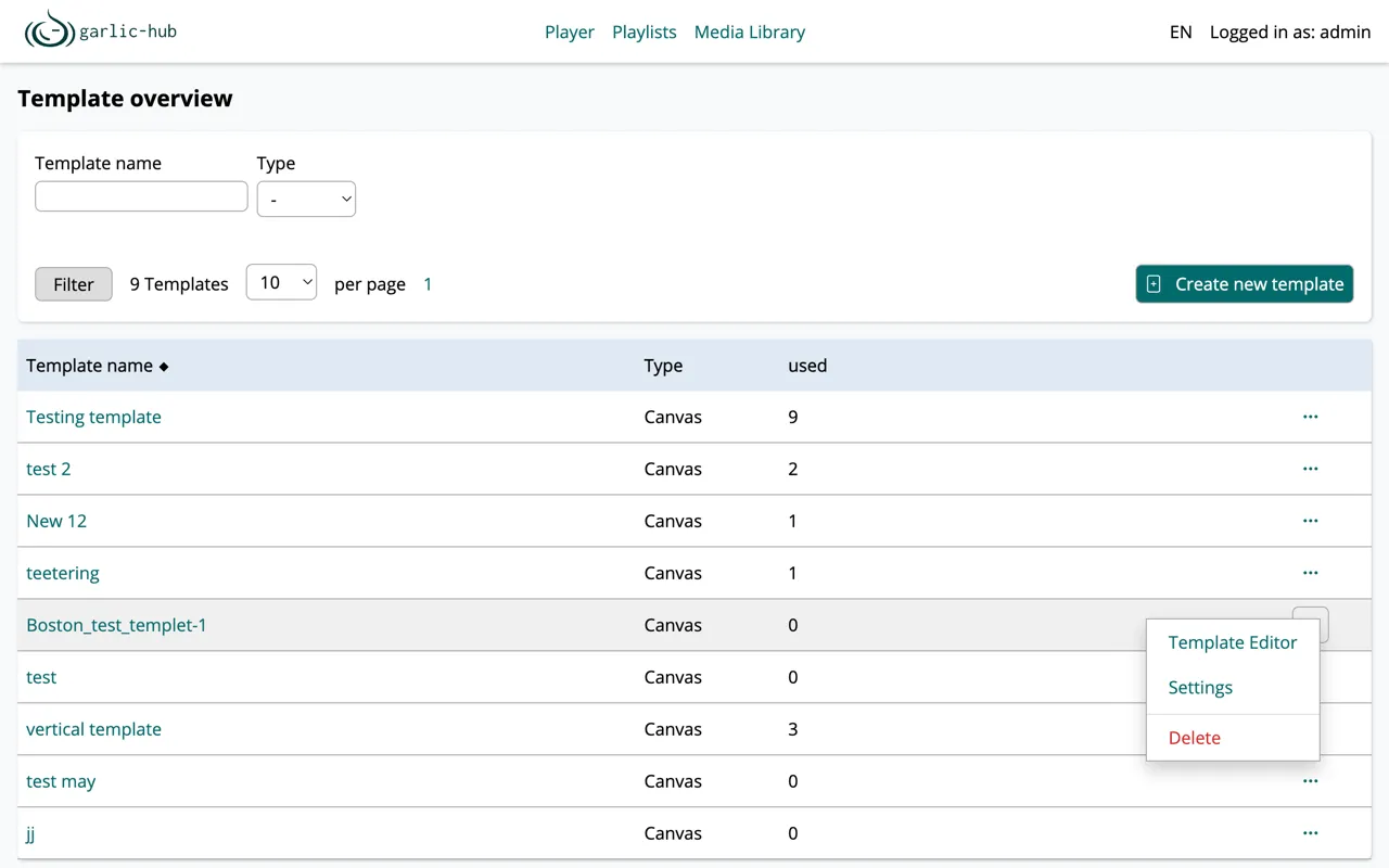 Context menu with Template Editor, Settings, and Delete entries