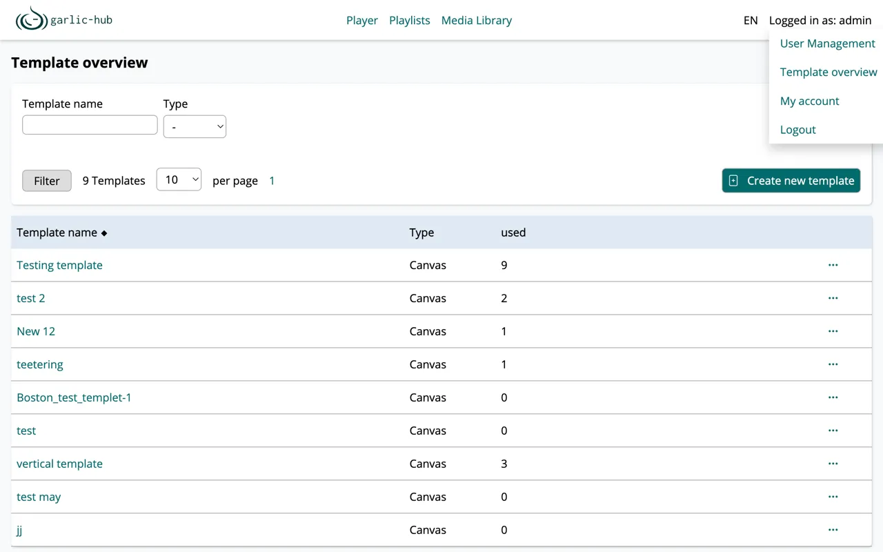 Template overview with the user menu open