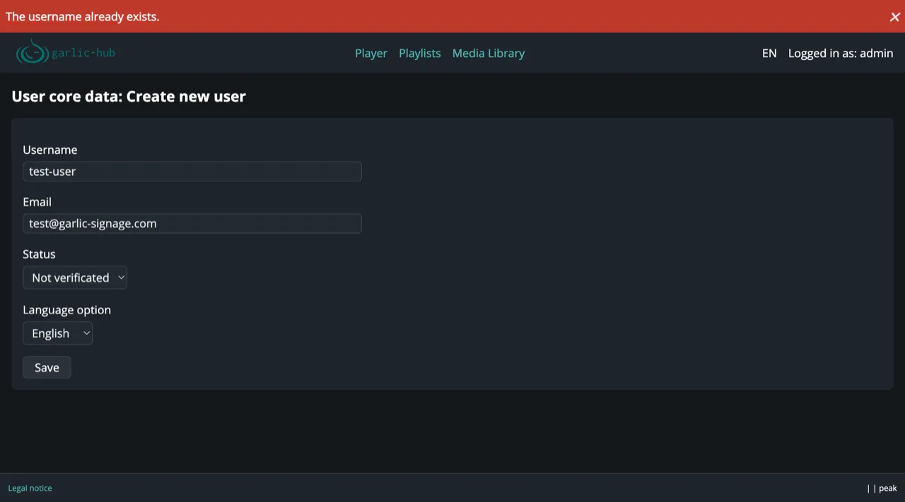 Create form showing the error message that the username already exists