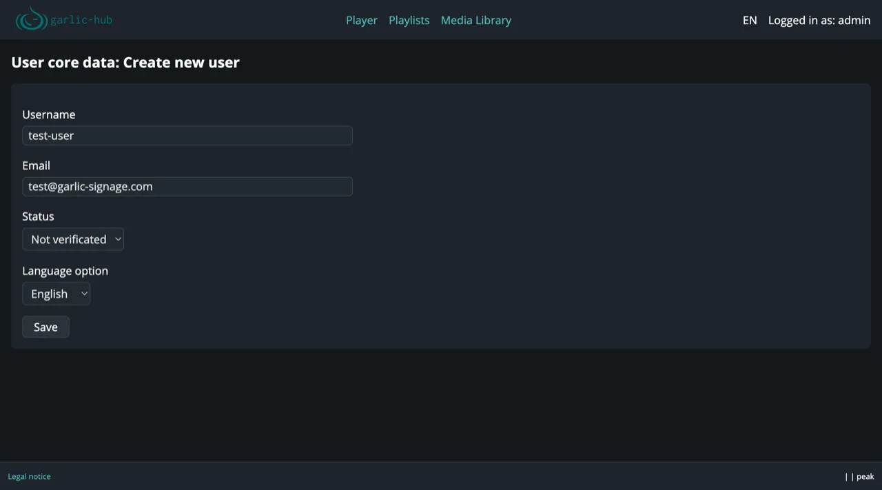Create new user form with username, email, status, and language option