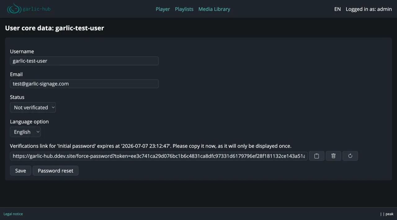 Edit form showing the verification link for the initial password with expiry time