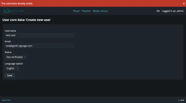 Create form showing the error message that the username already exists