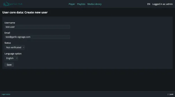 Create new user form with username, email, status, and language option