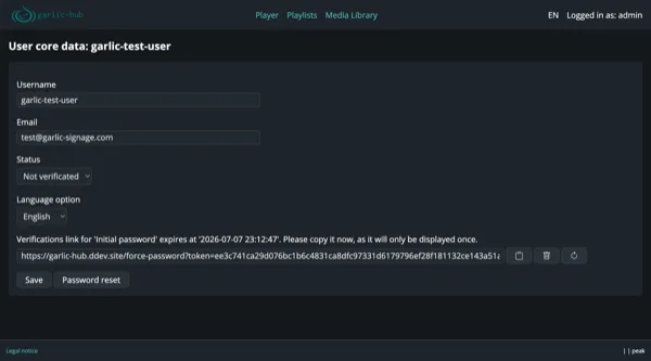 Edit form showing the verification link for the initial password with expiry time
