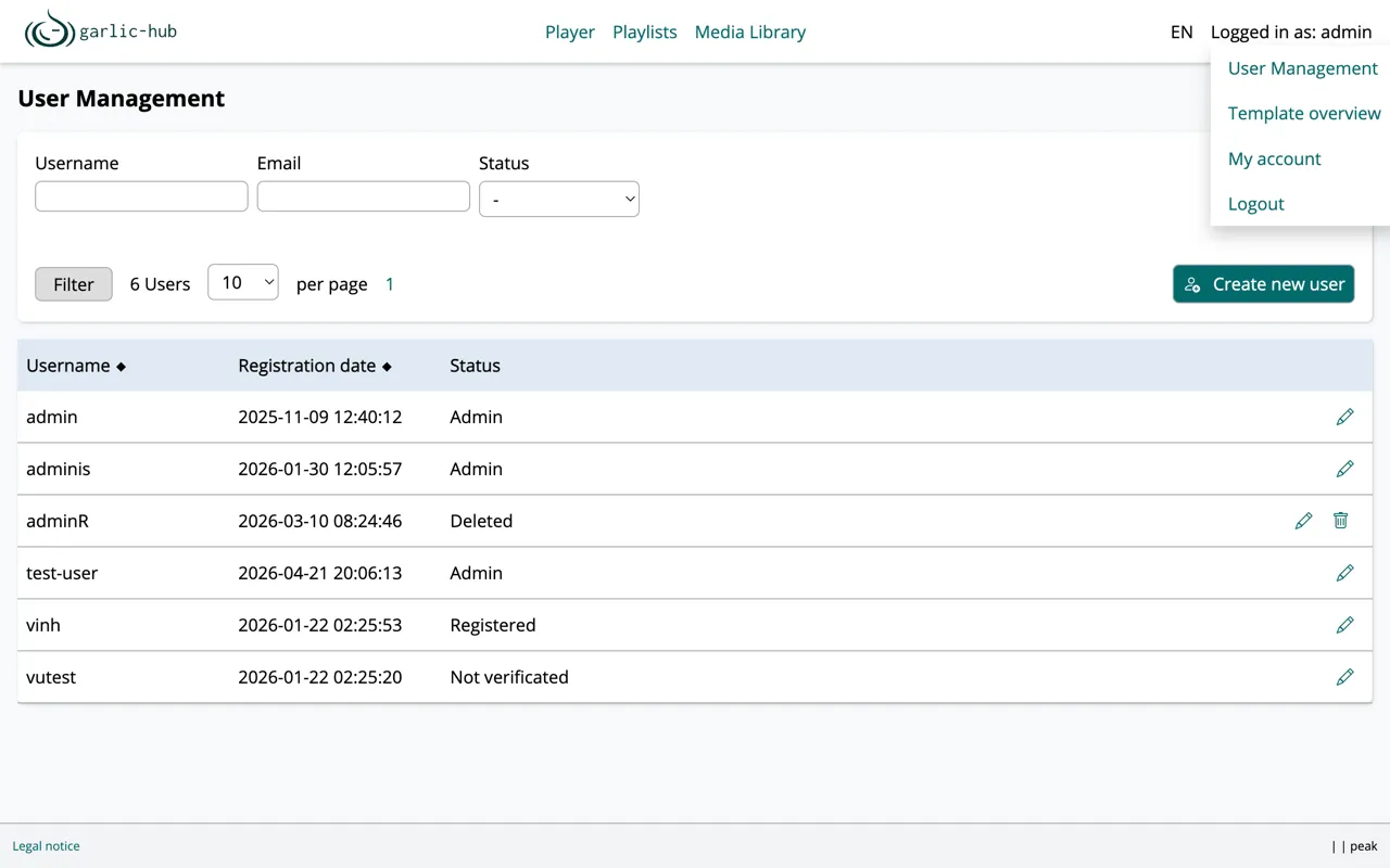 User Management overview with filter fields and a list of user accounts