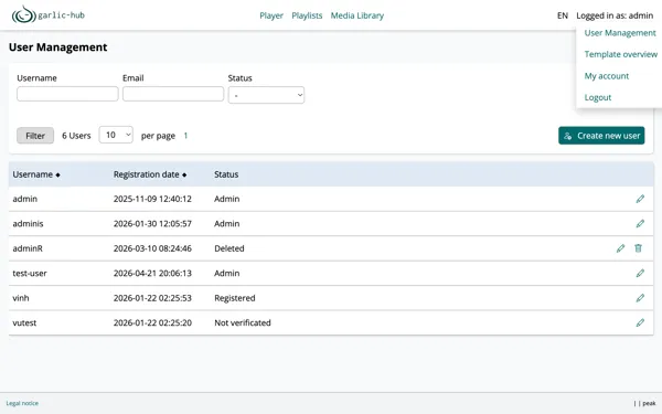 User Management overview with filter fields and a list of user accounts