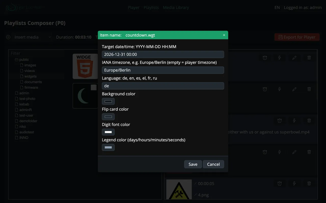 Countdown widget configuration dialog in the Garlic-Hub Playlist Composer with target, timezone, language and color fields