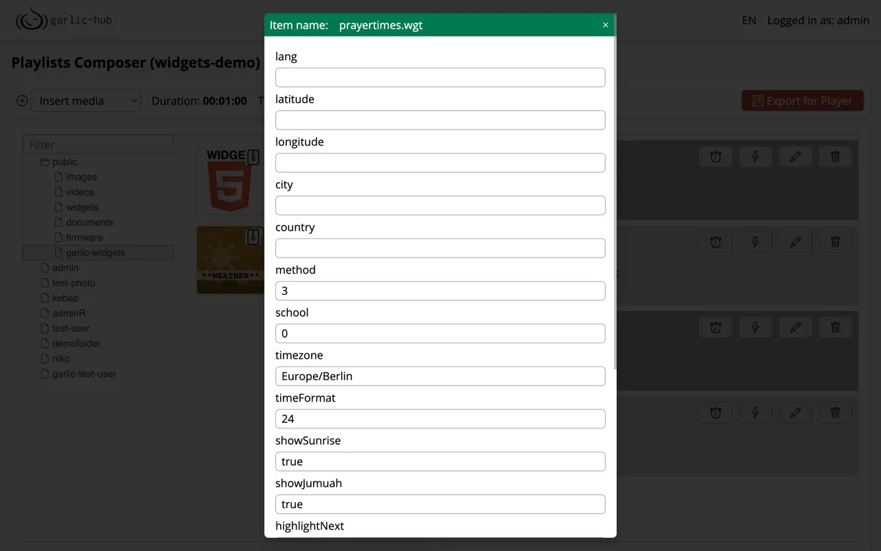 Prayer Times configuration dialog in the Garlic-Hub Playlist Composer with language, location, calculation and display fields