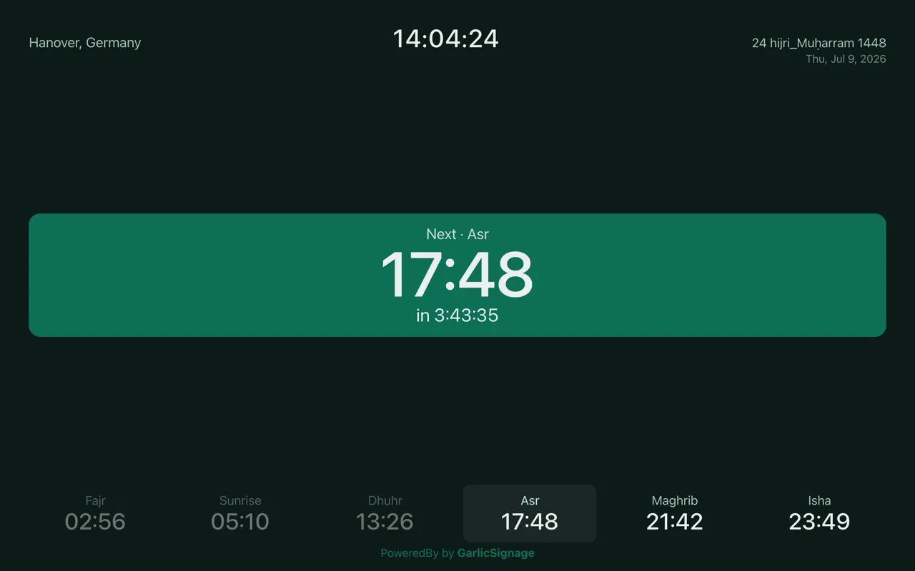 Prayer Times widget in landscape mode showing Hanover, Germany with Asr highlighted as the next prayer and a row of all five prayers below