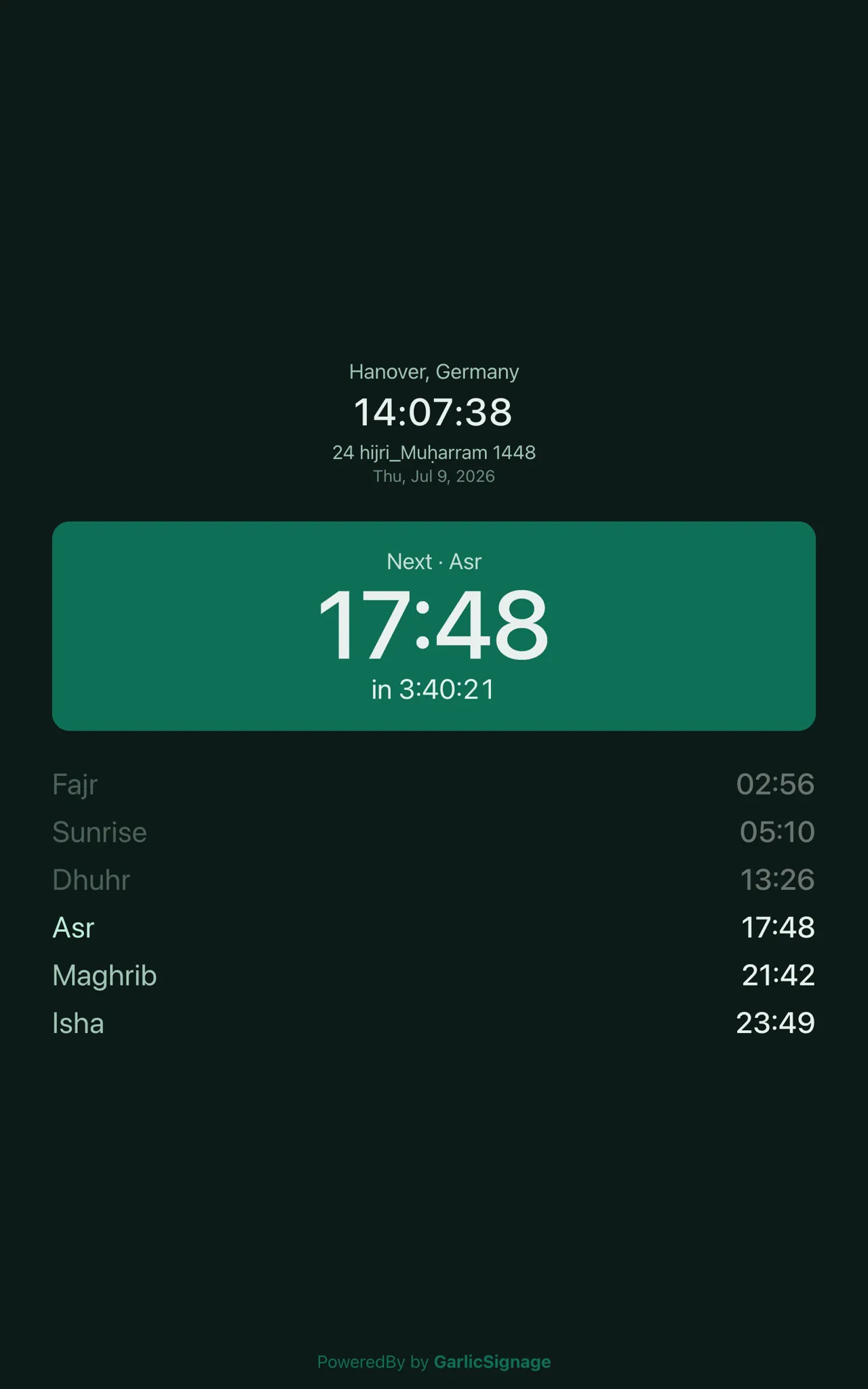 Prayer Times widget in portrait mode showing Hanover, Germany with Asr highlighted as the next prayer and a vertical list of all five prayers below