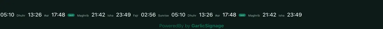 Prayer Times widget in banner mode showing all prayers in a horizontal scrolling ticker with the next prayer tagged