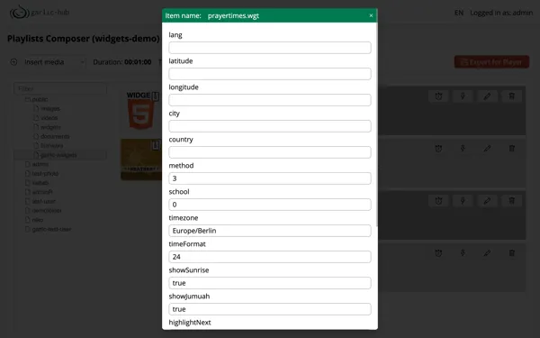 Prayer Times configuration dialog in the Garlic-Hub Playlist Composer with language, location, calculation and display fields