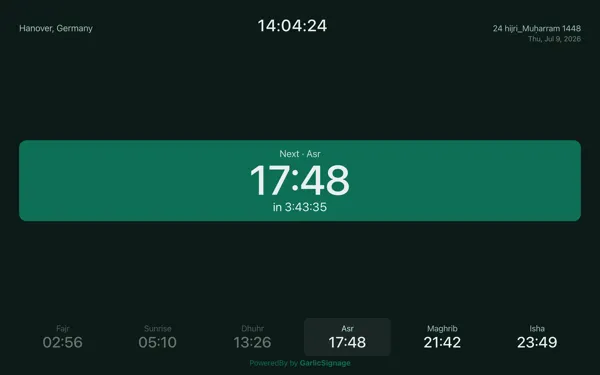 Prayer Times widget in landscape mode showing Hanover, Germany with Asr highlighted as the next prayer and a row of all five prayers below
