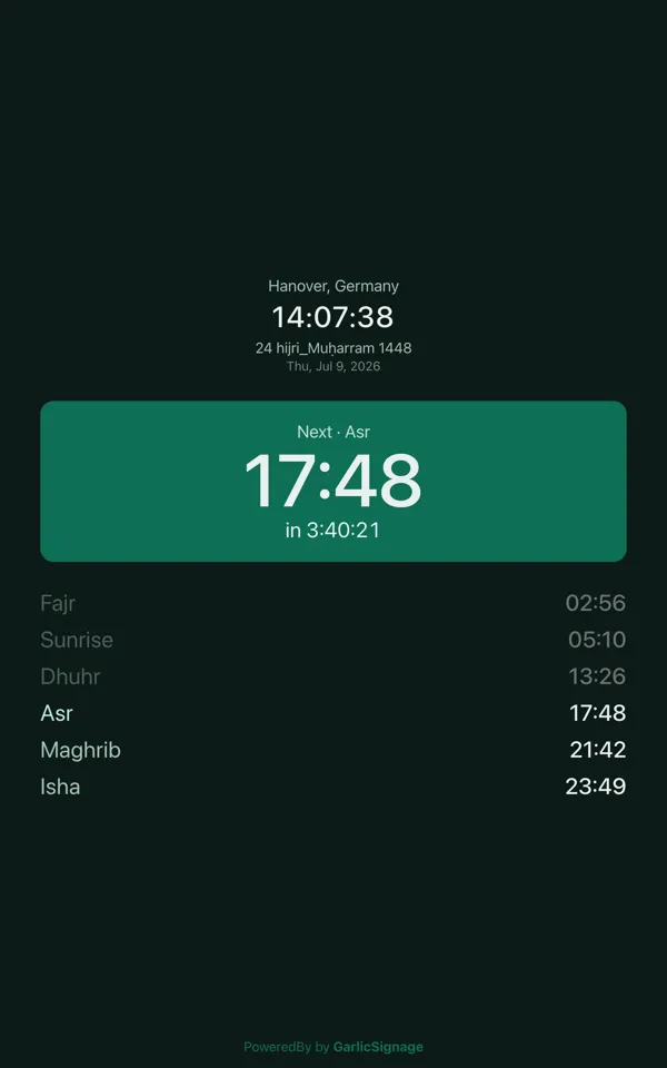 Prayer Times widget in portrait mode showing Hanover, Germany with Asr highlighted as the next prayer and a vertical list of all five prayers below