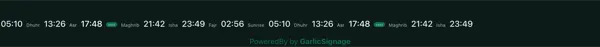 Prayer Times widget in banner mode showing all prayers in a horizontal scrolling ticker with the next prayer tagged
