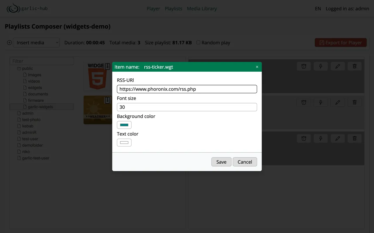 RSS Ticker configuration dialog in the Garlic-Hub Playlist Composer with RSS URI, font size, background color and text color fields