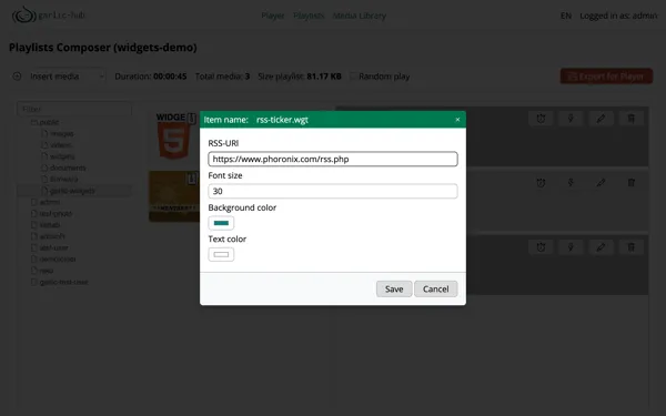 RSS Ticker configuration dialog in the Garlic-Hub Playlist Composer with RSS URI, font size, background color and text color fields