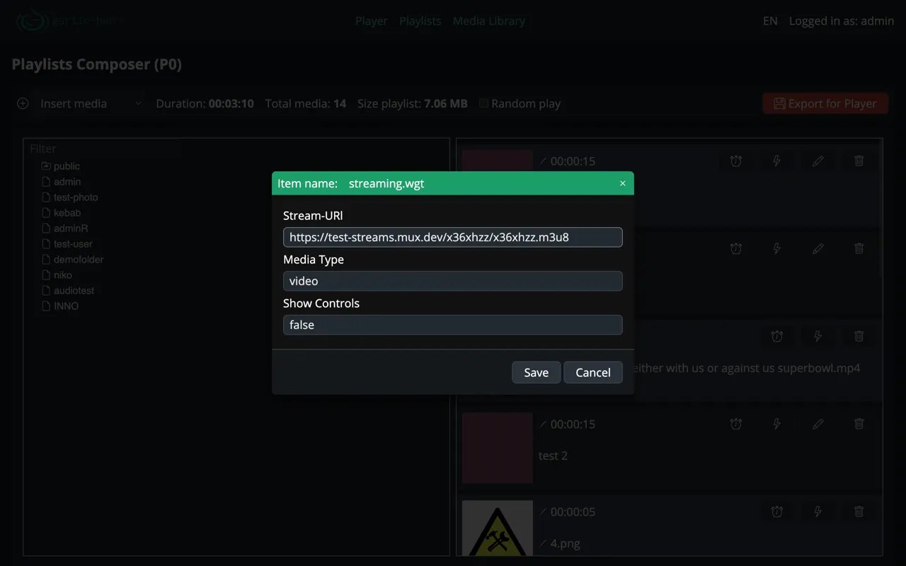 Stream widget configuration dialog in the Garlic-Hub Playlist Composer with stream URL, media type and controls fields