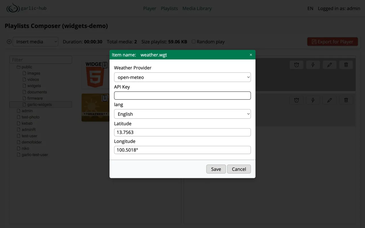 Weather widget configuration dialog in the Garlic-Hub Playlist Composer with provider, API key, language and coordinates fields