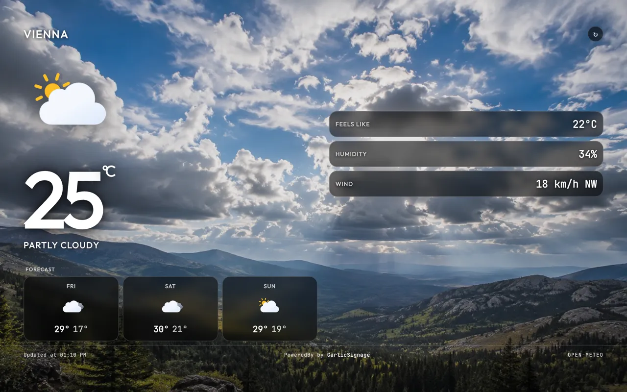 Weather widget in landscape orientation showing Vienna, 25 degrees, partly cloudy, with a 3 day forecast
