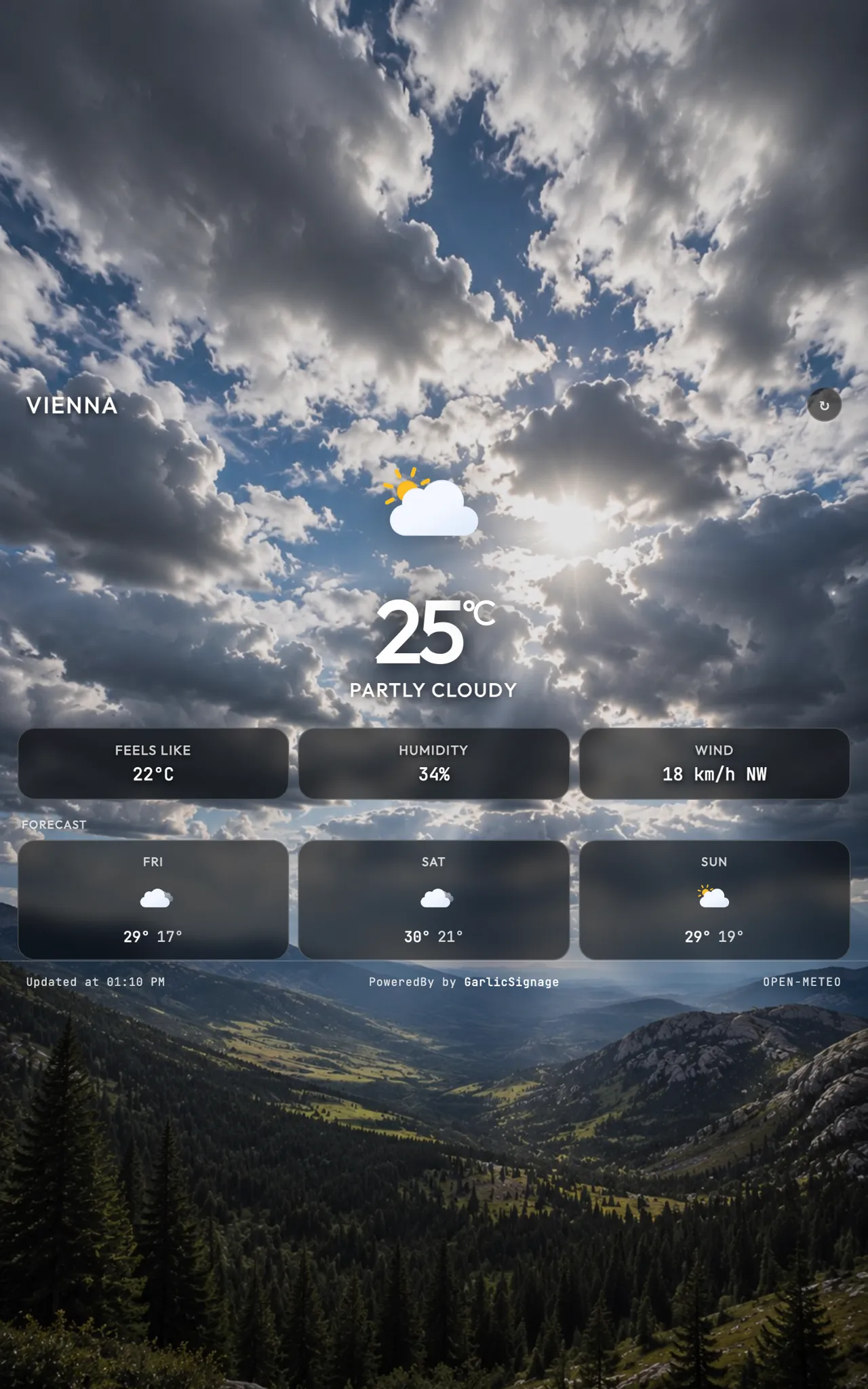 Weather widget in portrait orientation showing Vienna, 25 degrees, partly cloudy, with a 3 day forecast