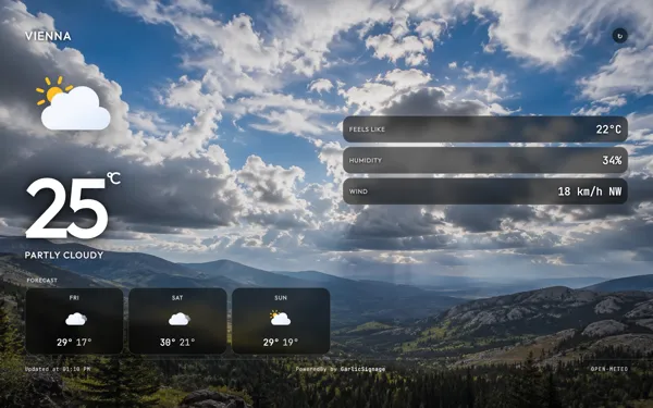 Weather widget in landscape orientation showing Vienna, 25 degrees, partly cloudy, with a 3 day forecast