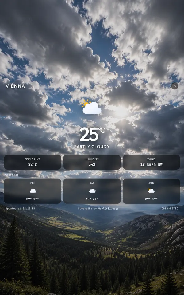 Weather widget in portrait orientation showing Vienna, 25 degrees, partly cloudy, with a 3 day forecast