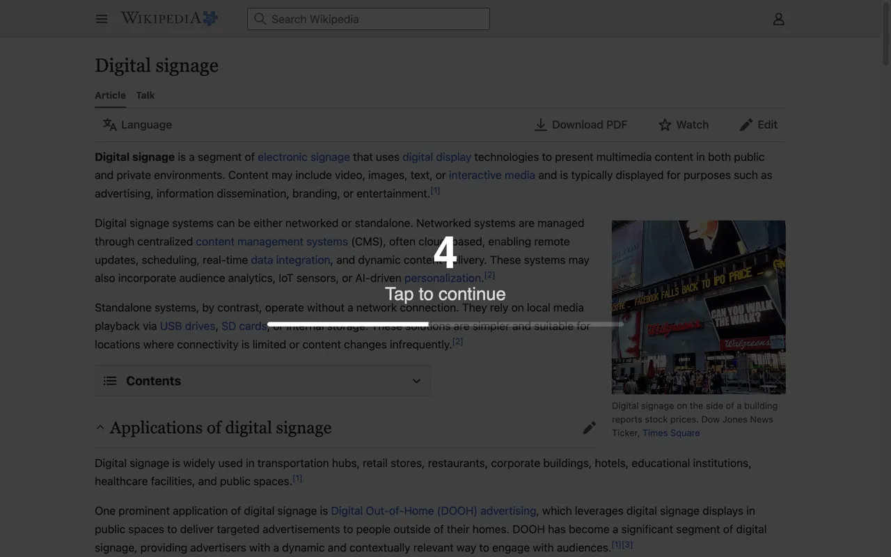 Countdown overlay on top of an embedded webpage reading Tap to continue