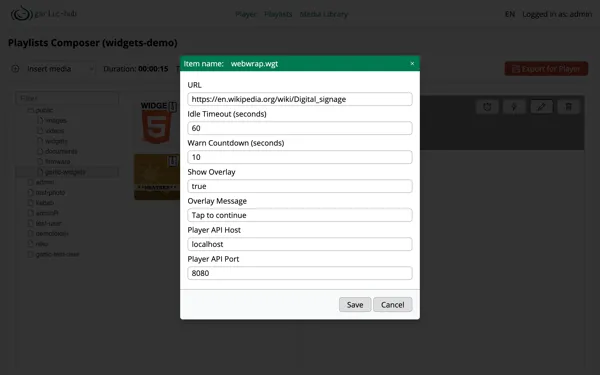 WebWrap configuration dialog in the Garlic-Hub Playlist Composer with URL, idle timeout, overlay and player API fields