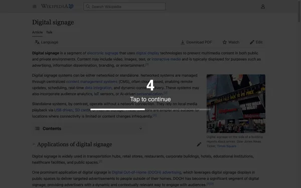 Countdown overlay on top of an embedded webpage reading Tap to continue